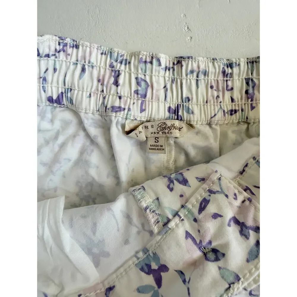 JACHS Girlfriend White Purple Floral Cotton Spandex Shorts Pockets sz Small